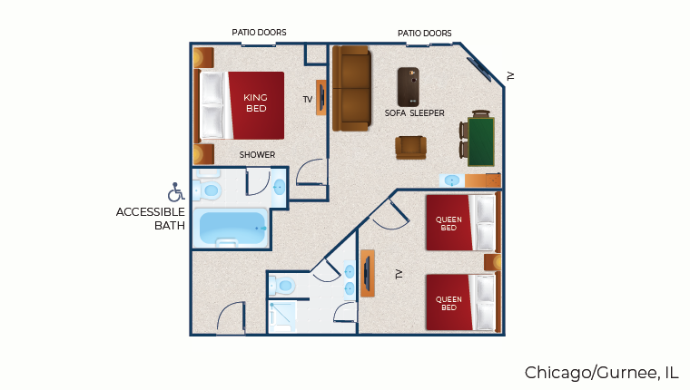 The floor plan for the accessible bathtub Grizzly Bear Suite